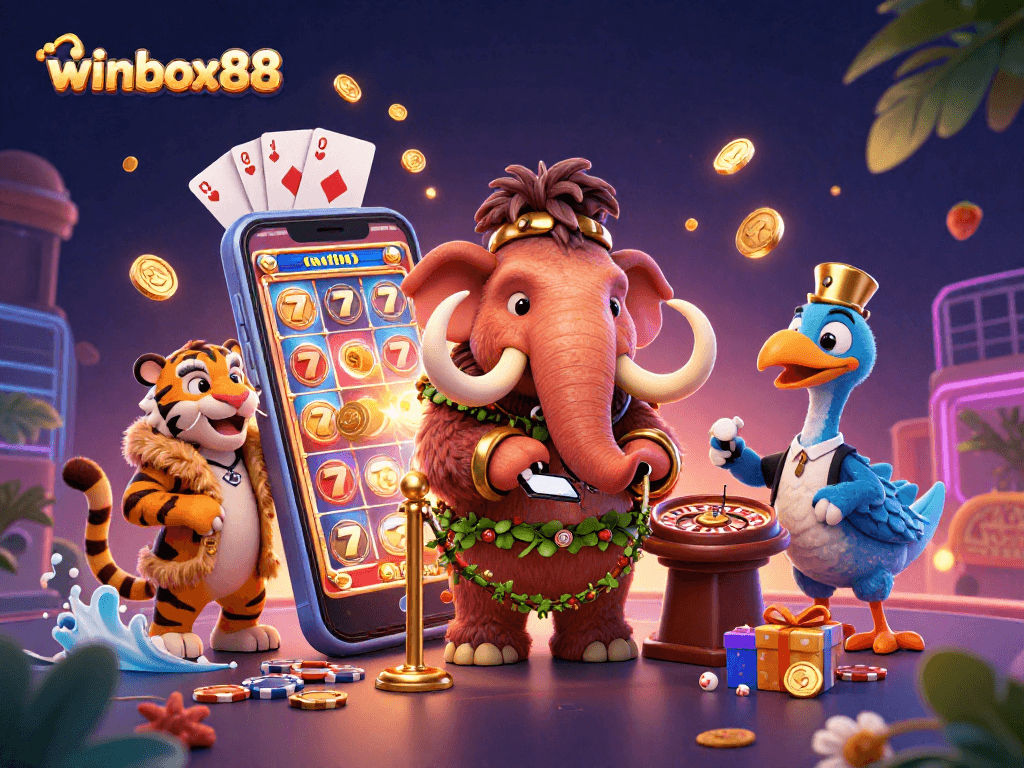 Experience winbox88 with an energetic casino scene featuring unique characters and engaging game elements.