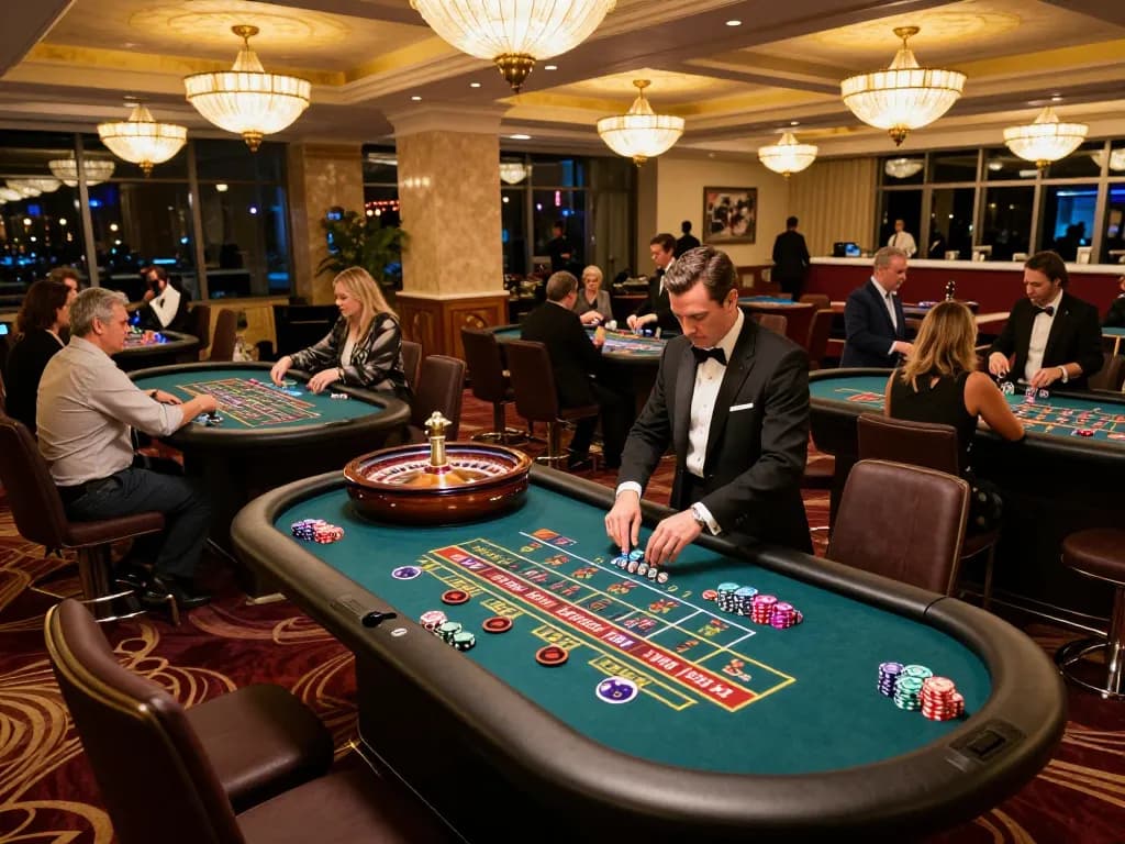 Experience the thrill of okwin at the roulette table, with excited players and vibrant casino atmosphere.