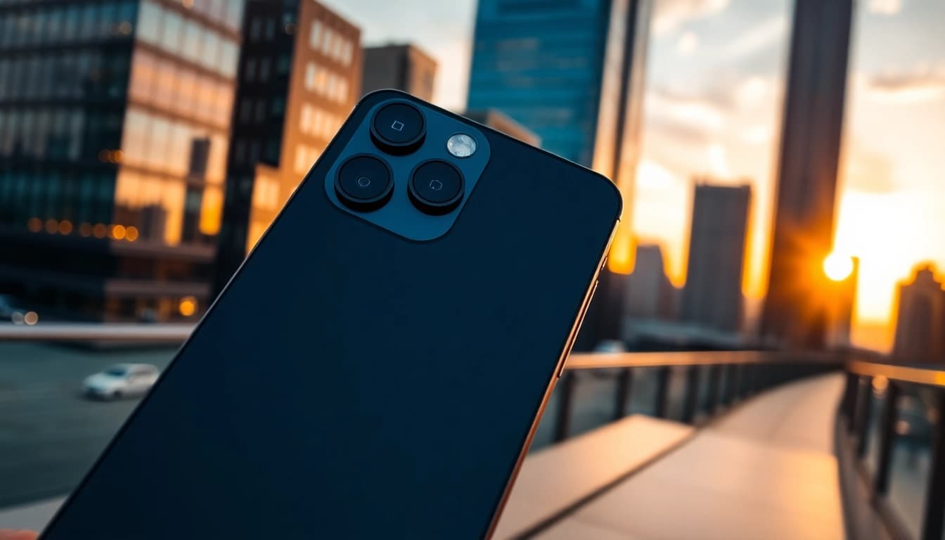 El iPhone 17 Pro Max en primer plano con un diseño elegante y su pantalla brillante destacando en un entorno urbano.