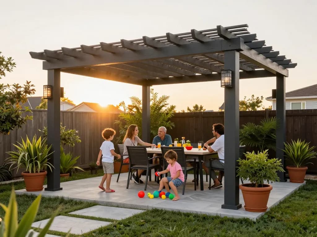 Enjoying time under a configuratore 3D pergola with family on a sunny patio.