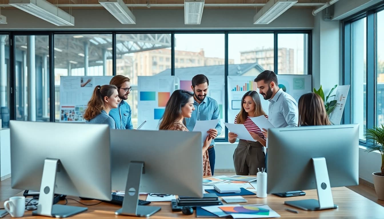 A web design company team collaborates in a vibrant office environment, showcasing their design work.
