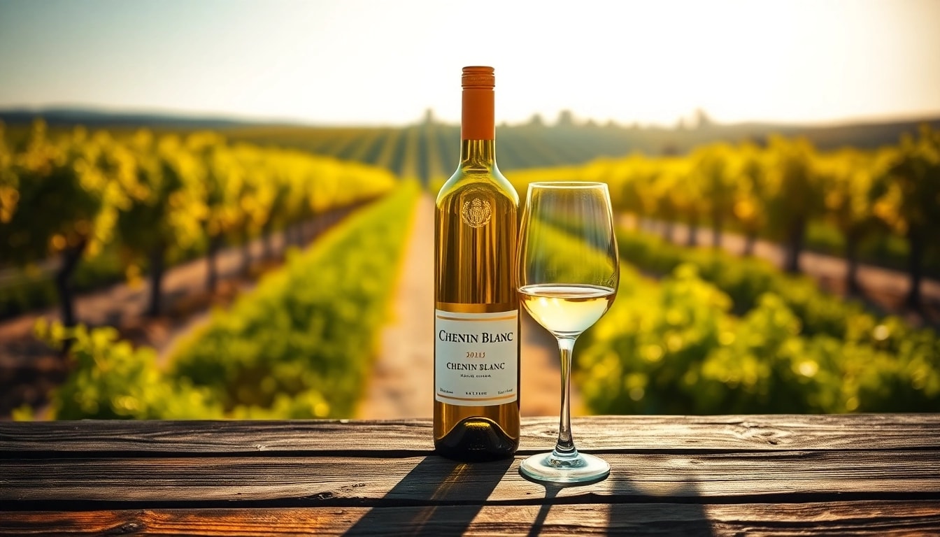 Pouring Chenin Blanc into a glass, showcasing its golden hue and vineyard backdrop.
