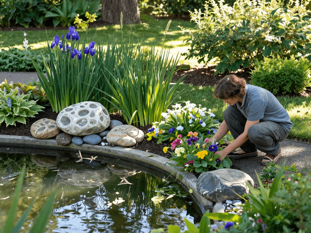 Buy Marginal Pond Plants including colorful flowers and lush greenery in a serene garden setting, promoting aquatic gardening.