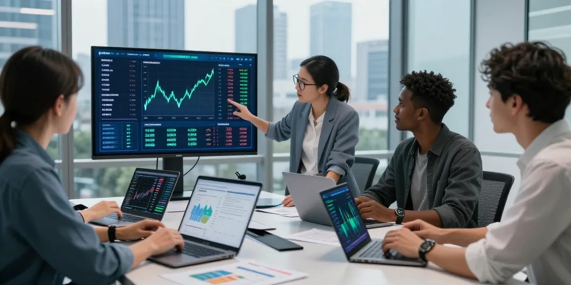 Interactive crypto price tracker dashboard displayed in a modern office setting, showcasing real-time data analysis and team collaboration.