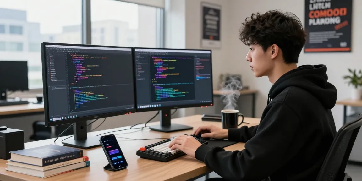 Engaging tech workspace showcasing a developer coding with dual monitors, emphasizing 纸飞机中文版 digital communication.