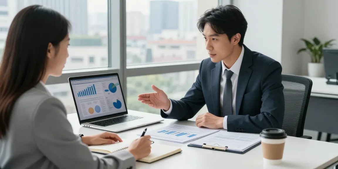 소액결제현금화를 위한 재정 상담을 받는 모습, 현대적인 사무실 환경에서 고객과 전문가의 대화 장면