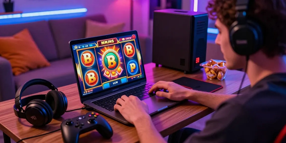 Exciting gaming moment featuring slot deposit 1000 gameplay on a laptop with vibrant graphics and accessories.