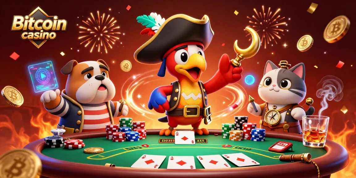 Un pirate, un bulldog et un chat naviguent dans un casino Bitcoin animé.