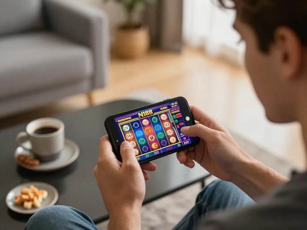 N188 casino player enjoying exciting gameplay on smartphone with vibrant graphics in cozy home.