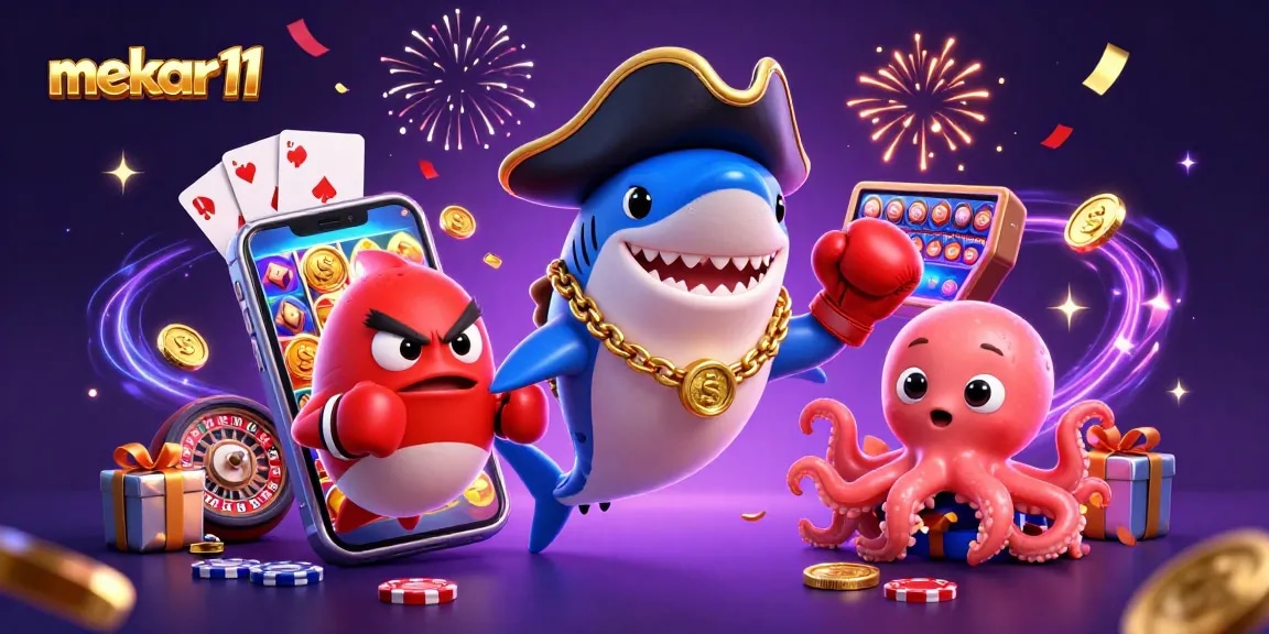 Spin to win at mekar11 with a playful shark, pufferfish, and octopus in a vibrant casino setting.