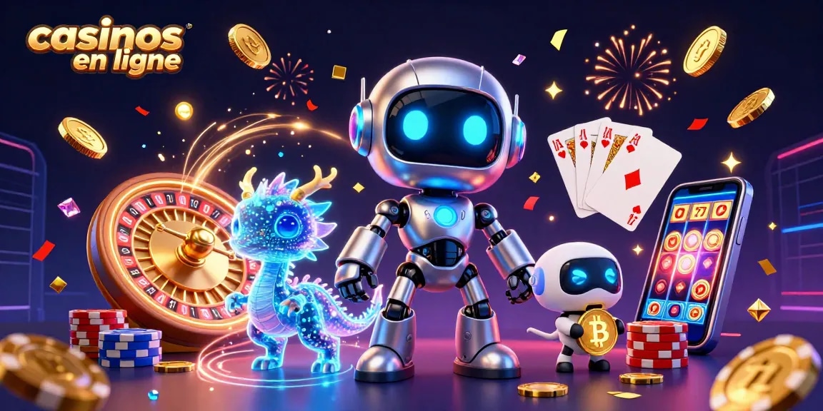 Profitez de l'expérience des casinos en ligne grâce à une illustration dynamique de mascottes futuristes entourées de jeux de hasard.