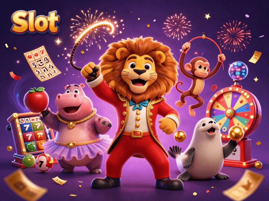 Spin vibrant slot game reels with lively cartoon characters in a festive casino scene