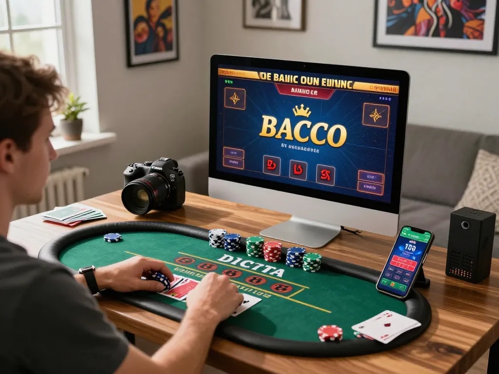 Exciting baccarat gaming scene showcasing a player enjoying a baccarat사이트 in a stylish home office.