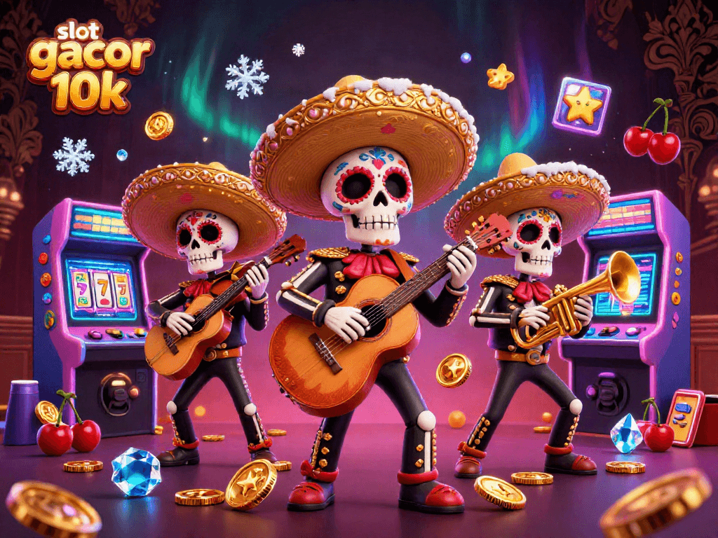 Experience slot gacor 10k with vibrant Dia de los Muertos mariachi band in a colorful casino scene.