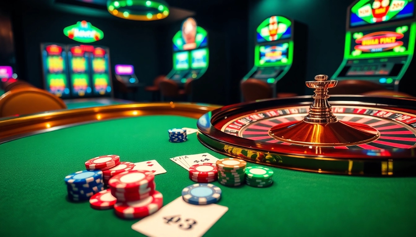 Engaging casino table scene showcasing kpi4d-themed poker chips and a roulette wheel.