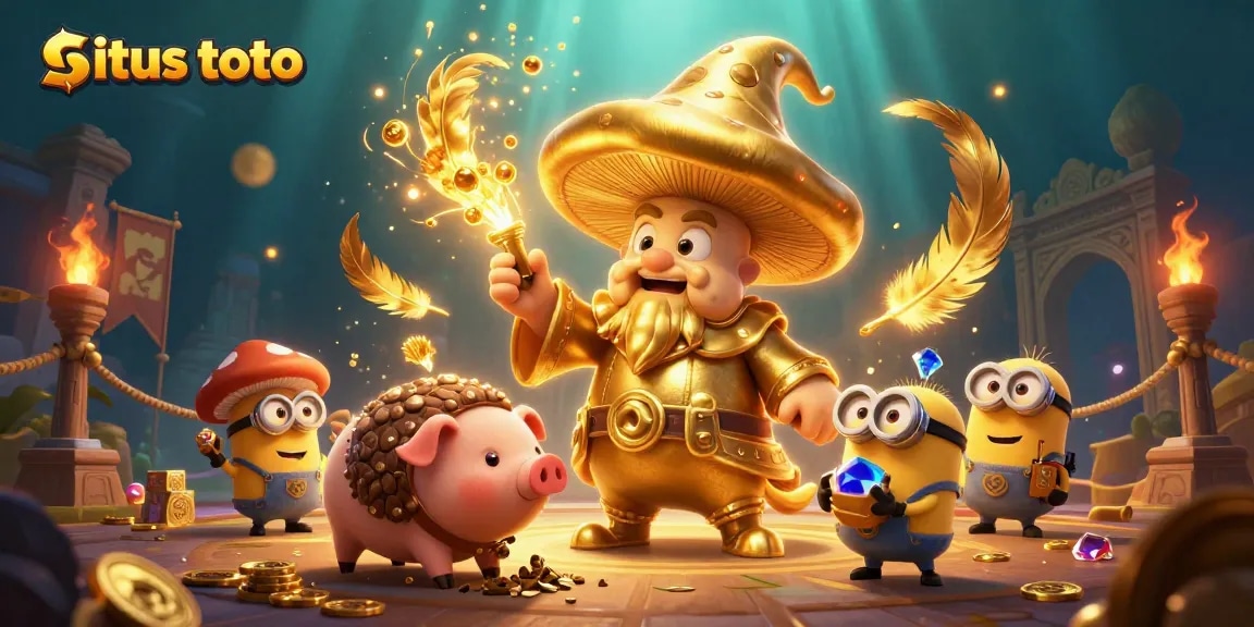 Engage at situs toto with a magical scene featuring a golden mushroom wizard and treasure.