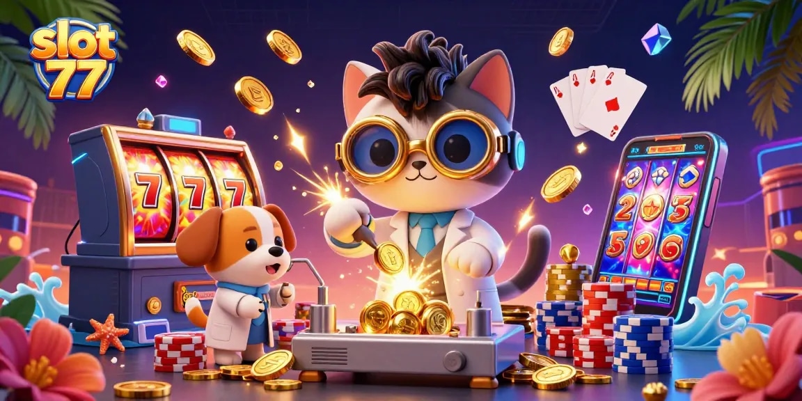 Engage in exciting slot 77 gameplay as animated characters bring vibrant casino elements to life.