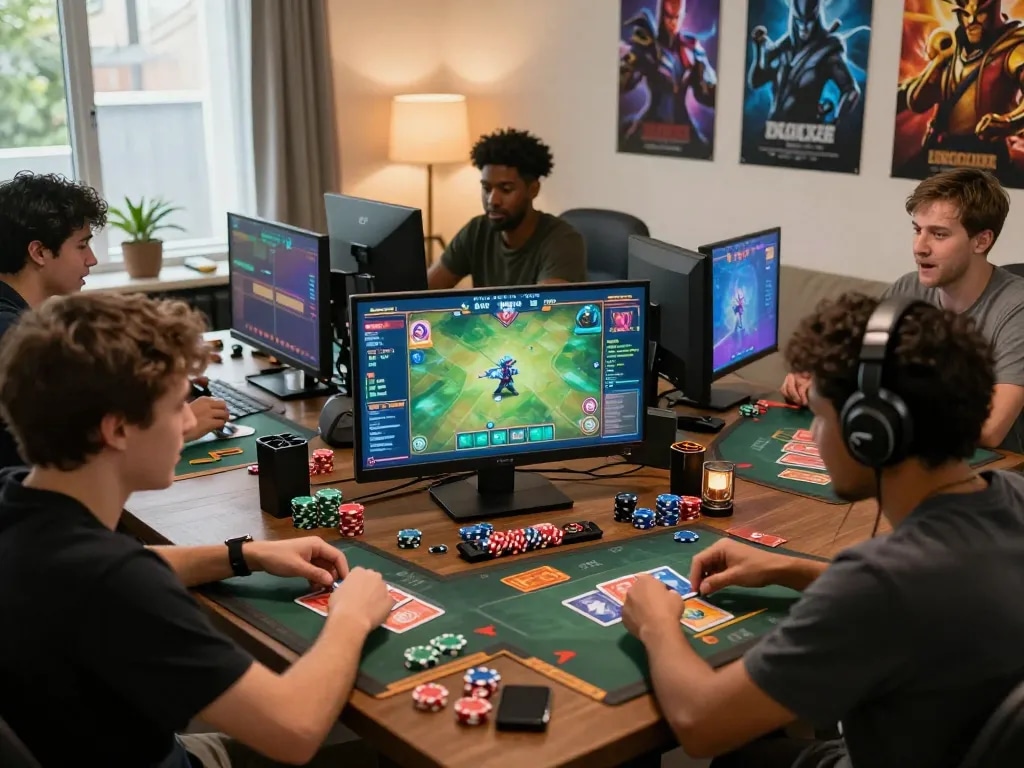 Players engaging in online gaming at home, enjoying go88 multiplayer card games in a vibrant atmosphere.