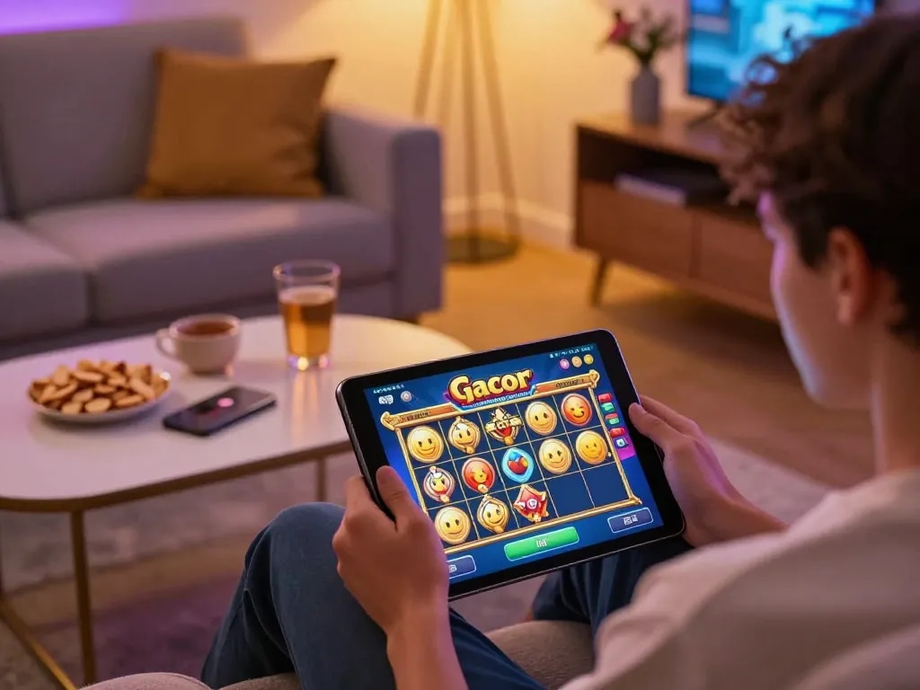 Engaging in slot gacor gameplay on a tablet in a cozy home environment with snacks