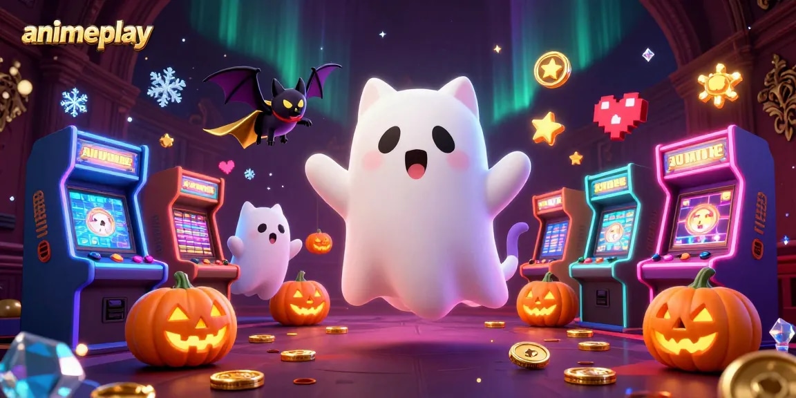 Animeplay menampilkan kucing hantu mengapung di kasino dengan hiasan wajah jack-o-lantern.