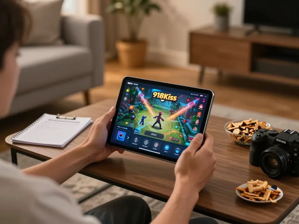 Pengalaman permainan yang menarik semasa memuat turun 918Kiss iOS di tablet dalam suasana rumah yang selesa