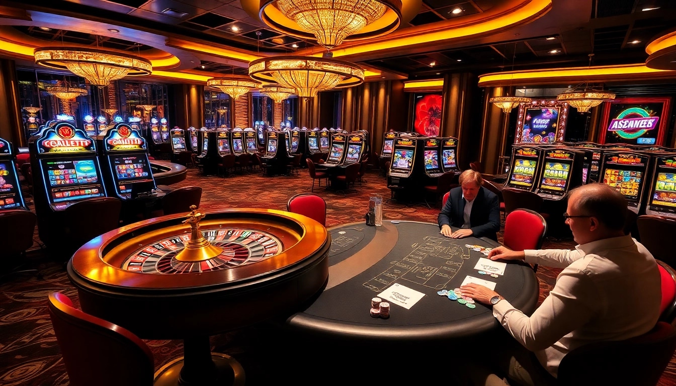 Vivez l'excitation et le luxe du meilleur casino en ligne avec des tables vibrantes, une roue de roulette et des joueurs enthousiastes.