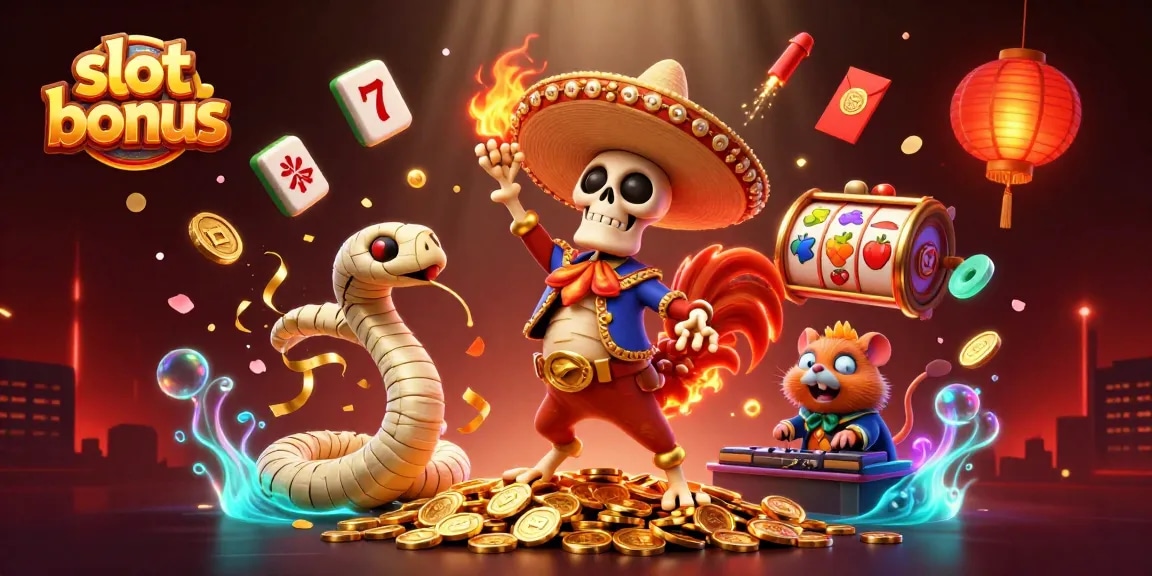 Experience the excitement of slot bonus games with our vibrant casino illustration featuring lively characters.