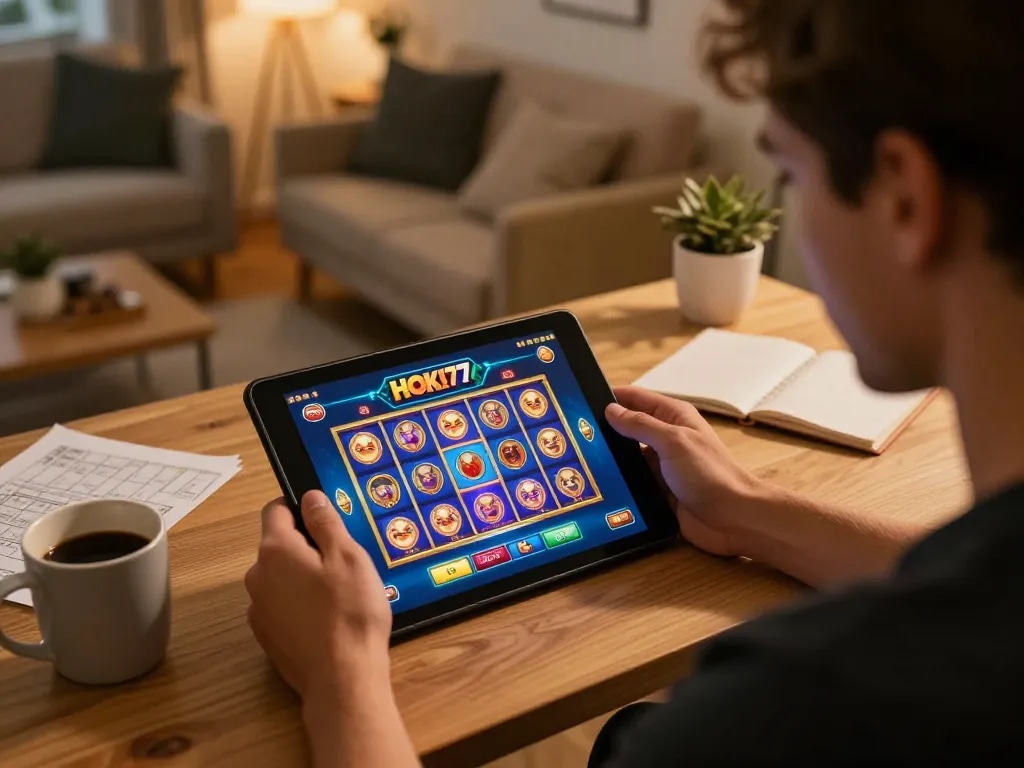 Pemain berinteraksi dengan slot HOKI77 di tablet, menunjukkan pengalaman perjudian online yang mendebarkan di rumah.