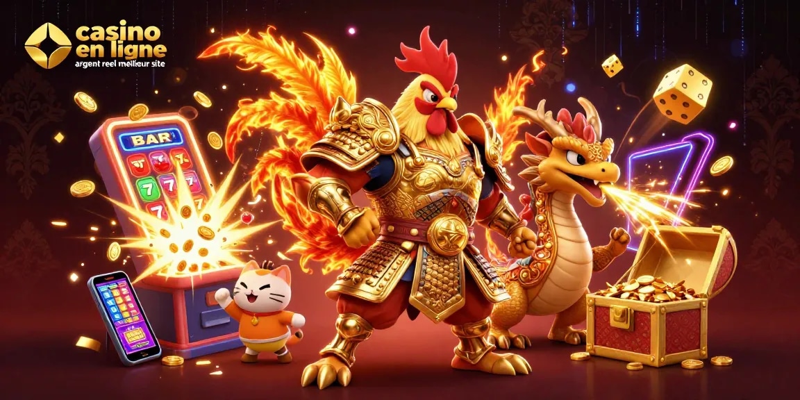Gagnez avec le casino en ligne argent réel meilleur site, illustré par un guerrier, un dragon et un chat porte-bonheur.