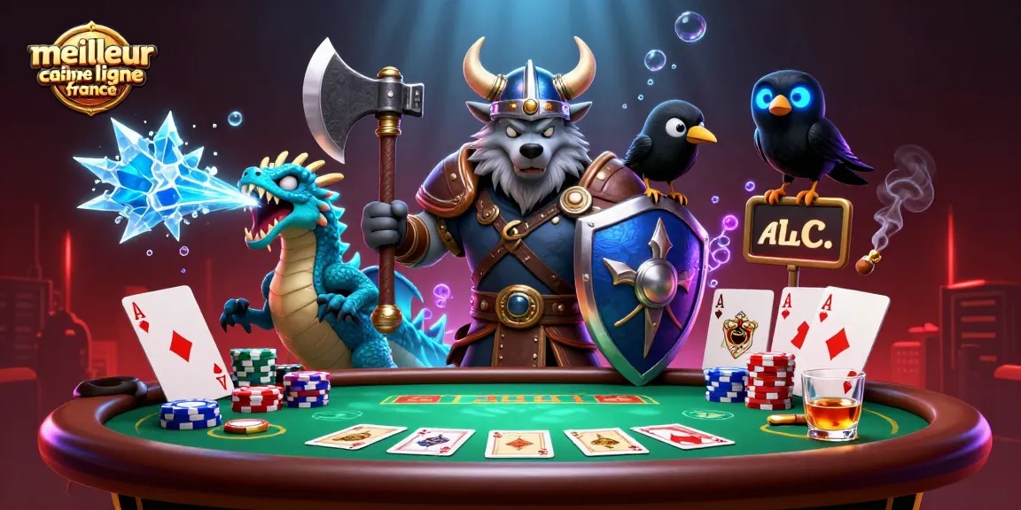 Découvrez le meilleur casino en ligne France à travers cette illustration vibrante avec un guerrier loup et dragon.
