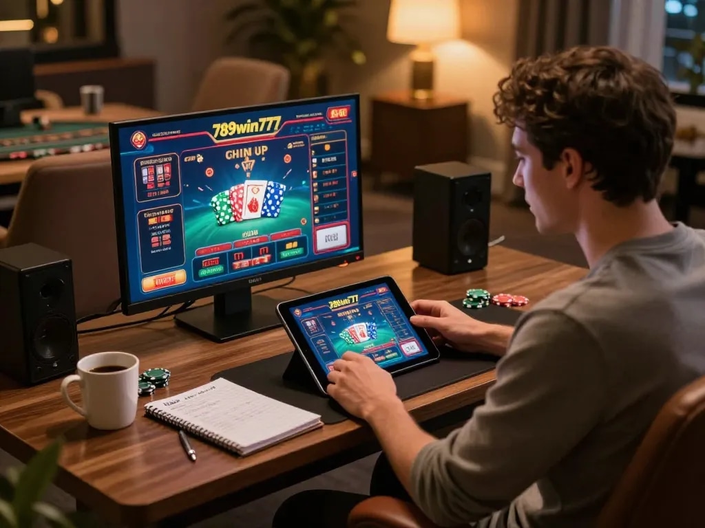 Player engaging with 789win777 online casino interface on a tablet during a relaxed gaming session