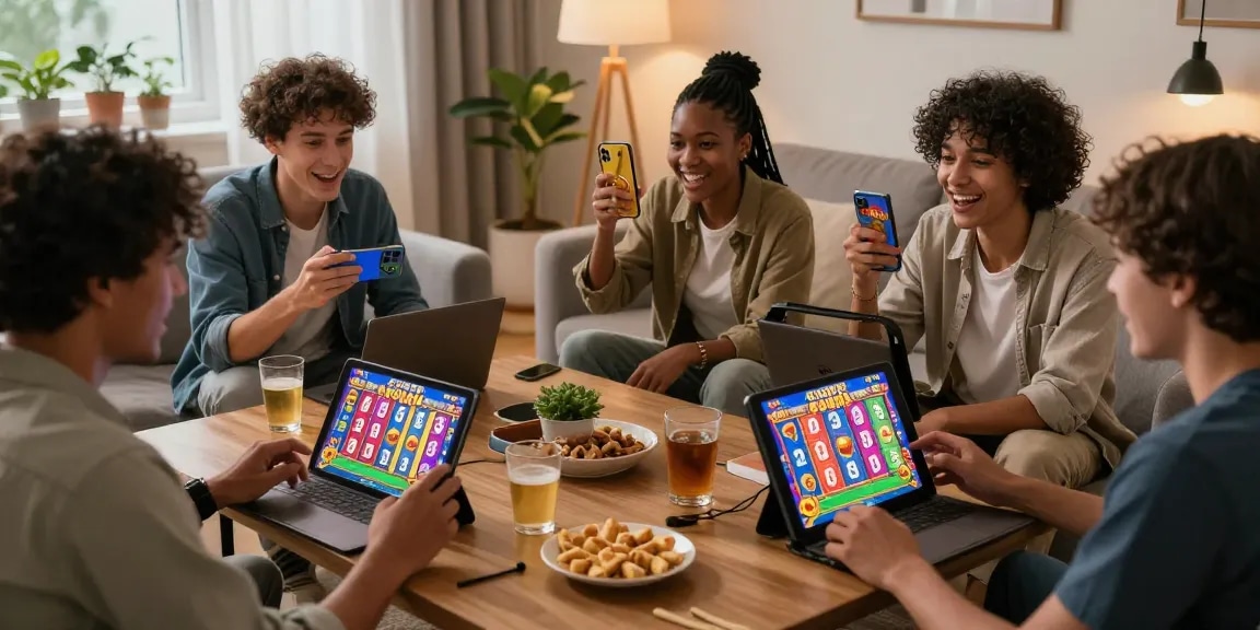 Exciting online gaming session featuring players enjoying slot88 on smartphones and tablets in a cozy living room.