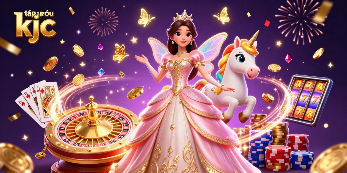 Experience the excitement of tập đoàn kjc with a vibrant 3D casino illustration filled with golden coins and casino elements.
