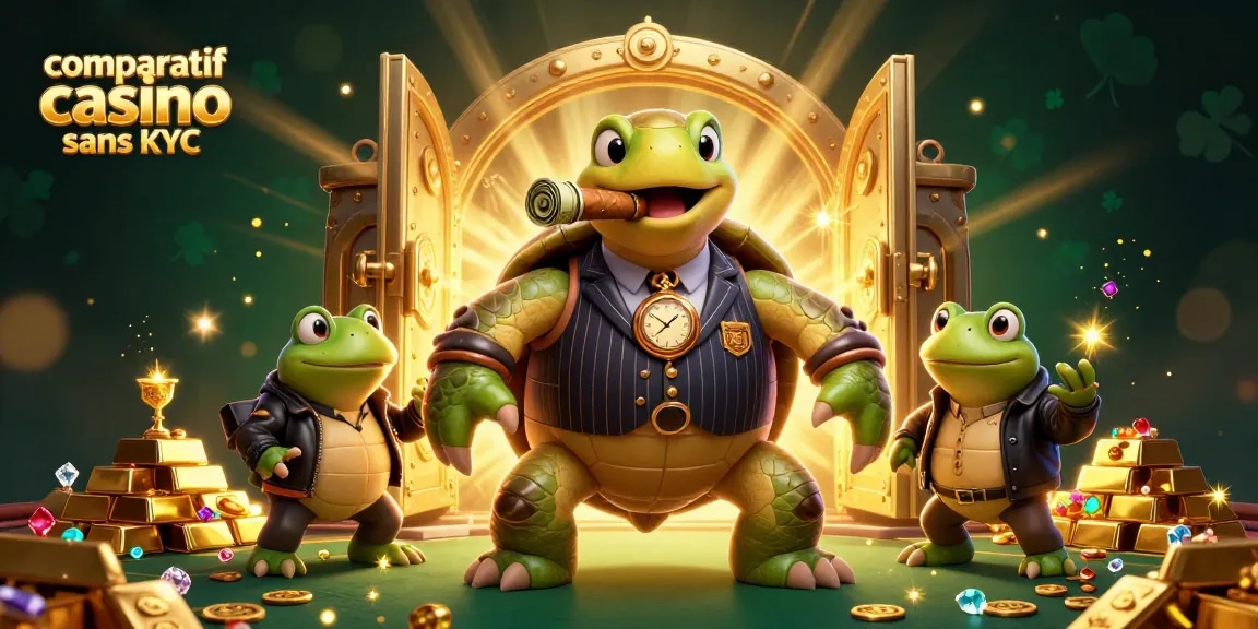 Comparatif casino sans KYC : Illustration dynamique avec une tortue massive et des grenouilles en armée sur fond de trésor.