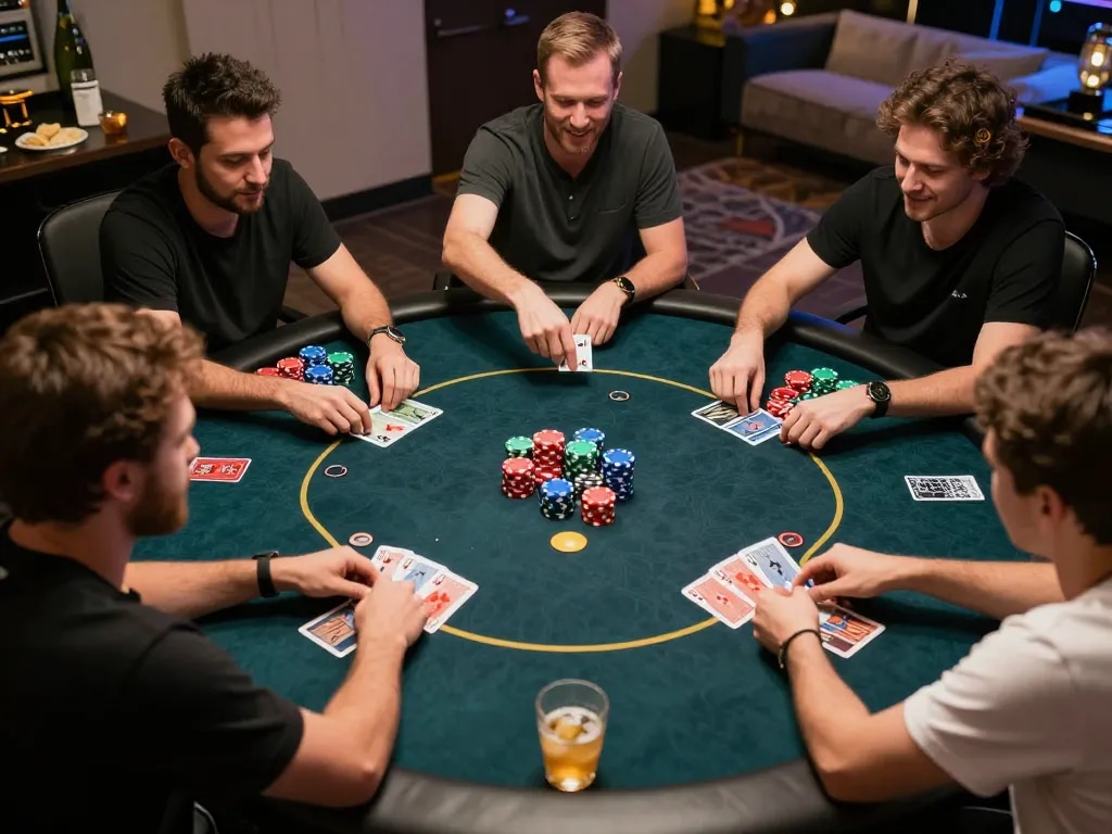 Players enjoy intense poker gameplay at KKWIN, showcasing strategy and excitement in a home environment.