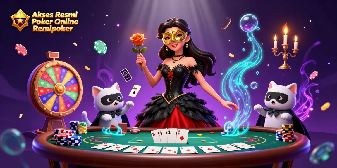 Akses Resmi Poker Online Remipoker showcases a vibrant scene of poker excitement with delightful playing cards and dynamic chips.