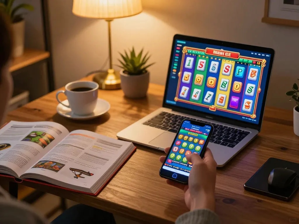 Seseorang menikmati permainan slot akun demo di aplikasi mobile sambil duduk di meja bergaya, menampilkan grafik permainan yang cerah.