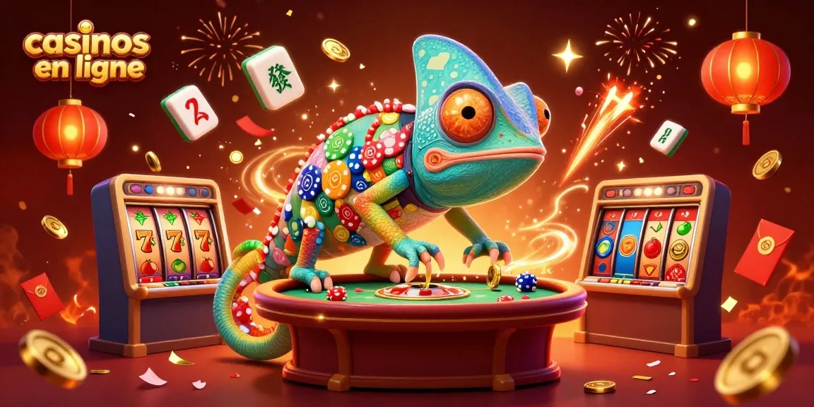 Participez à l'excitation des casinos en ligne avec cette scène dynamique où un propriétaire caméléon observe le jeu