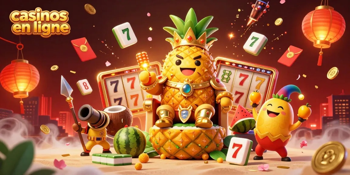 Des casinos en ligne animés avec un roi ananas en or, des gardes en noix de coco, et un jongleur.