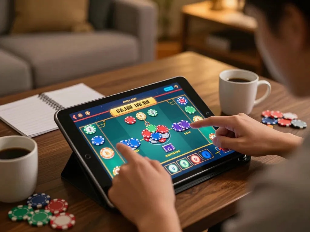 Engaging in Game xóc đĩa đổi thưởng NET88 at a home gaming setup with colorful chips and tablet display