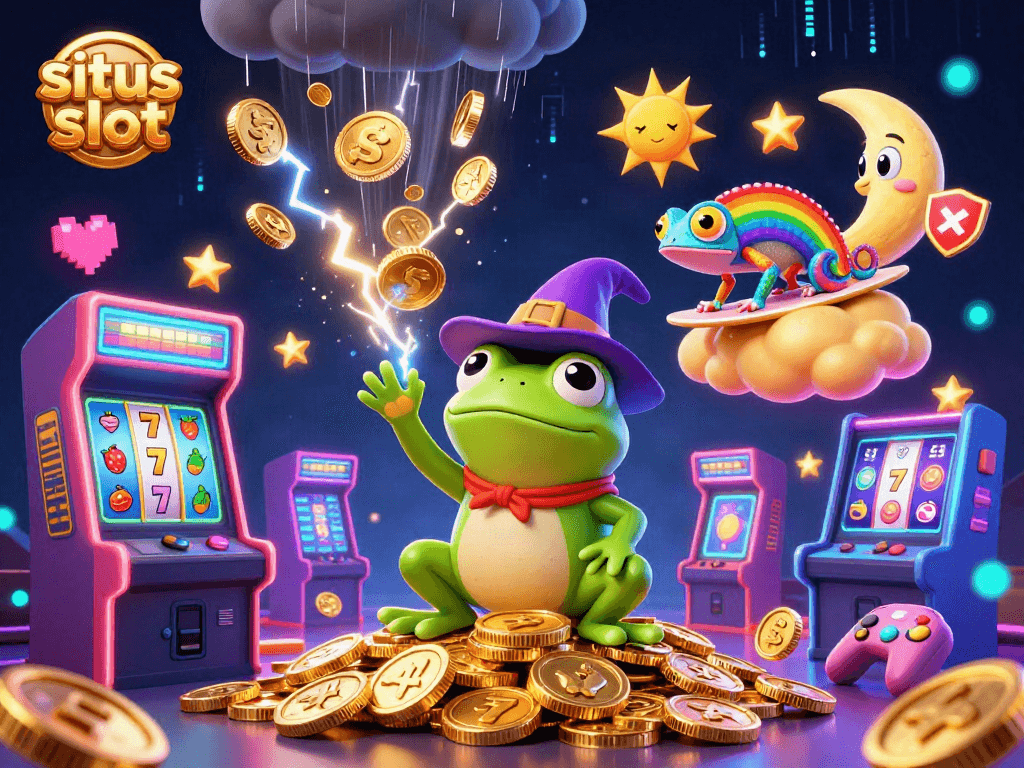 Splash into the excitement of situs slot with a weather wizard frog amid a flurry of golden coins and 3D arcade games.