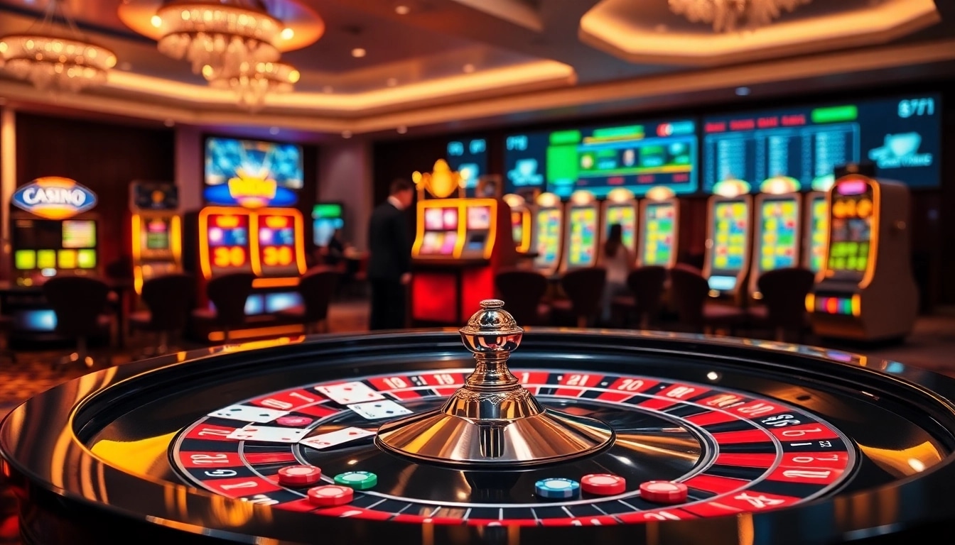 Scène engageante d'une table de roulette vibrante et de machines à sous au meilleur casino en ligne.