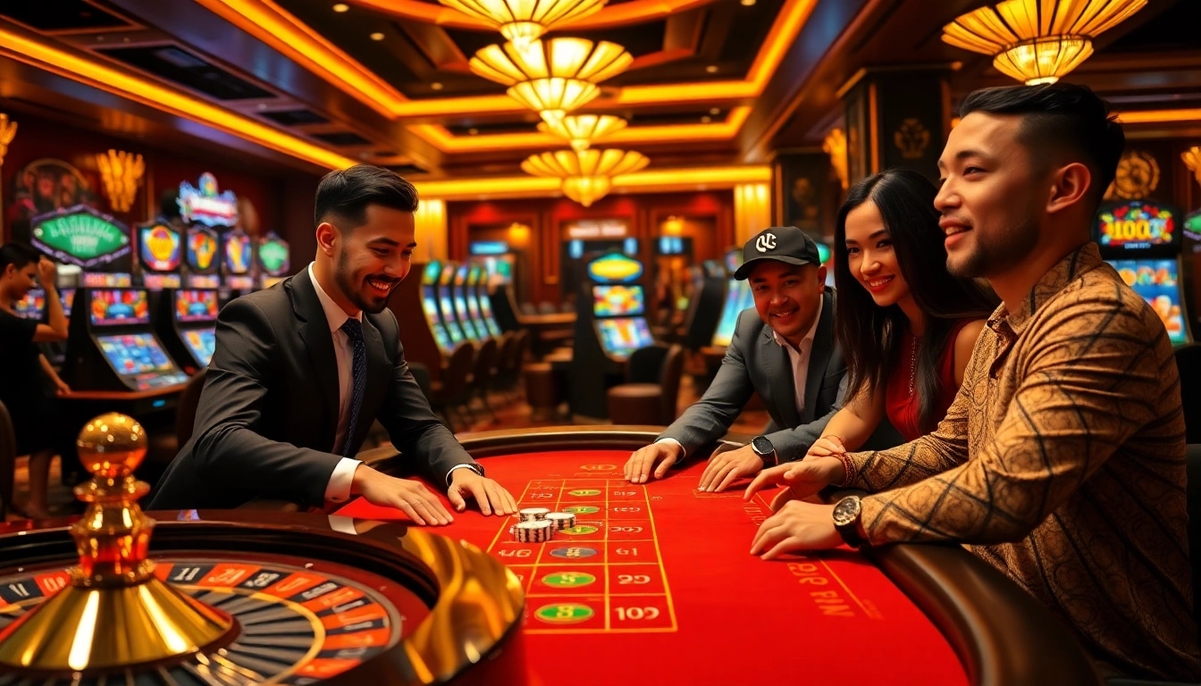 Players enjoying thrilling casino games at BIG88.BAR, with vibrant slot machines and a roulette wheel.