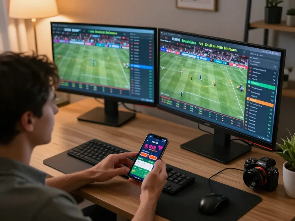 rr88 user placing strategic bets on live sports using modern devices at home