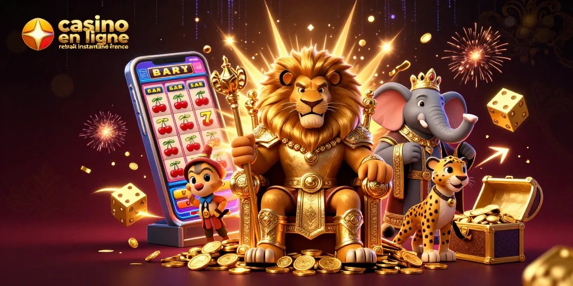 Jouer au casino en ligne retrait instantané France avec un roi lion, un éléphant sage et un guépard messager entourés de machines à sous.