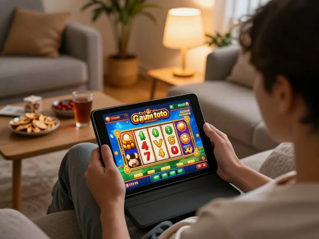 Person enjoying gajah toto slot game interface on tablet in cozy home setting