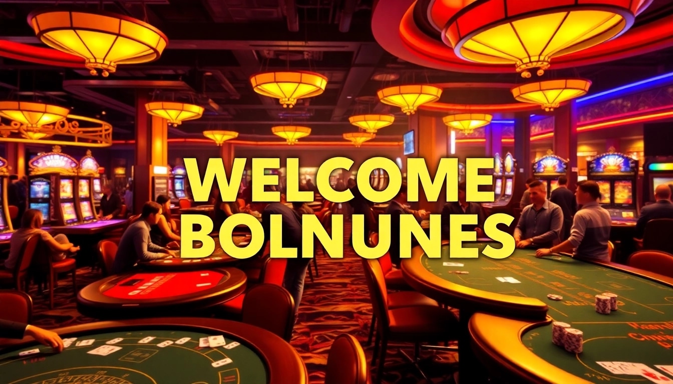 Capture the excitement of welcome bonuses in a vibrant casino atmosphere.