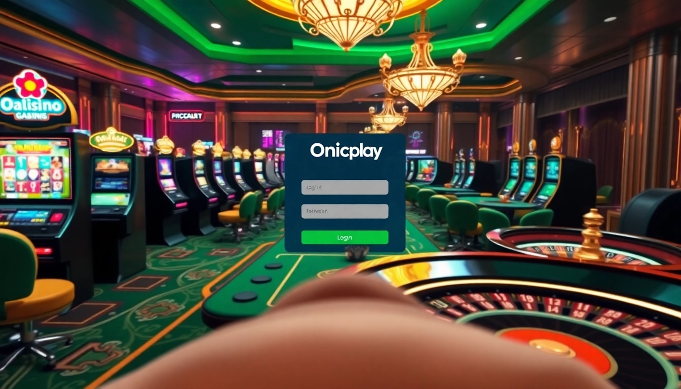 Capture the essence of Onicplay login with vibrant casino visuals including slot machines, tables, and exciting gameplay.