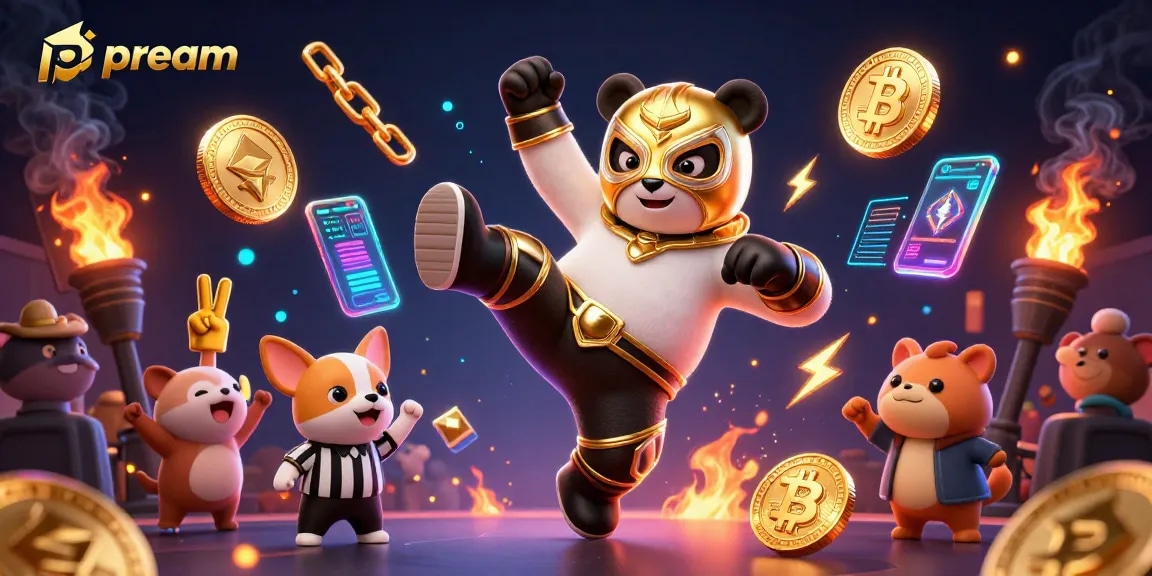 Gain insights with phdream in an action-packed casino scene featuring a panda and vibrant crypto elements.