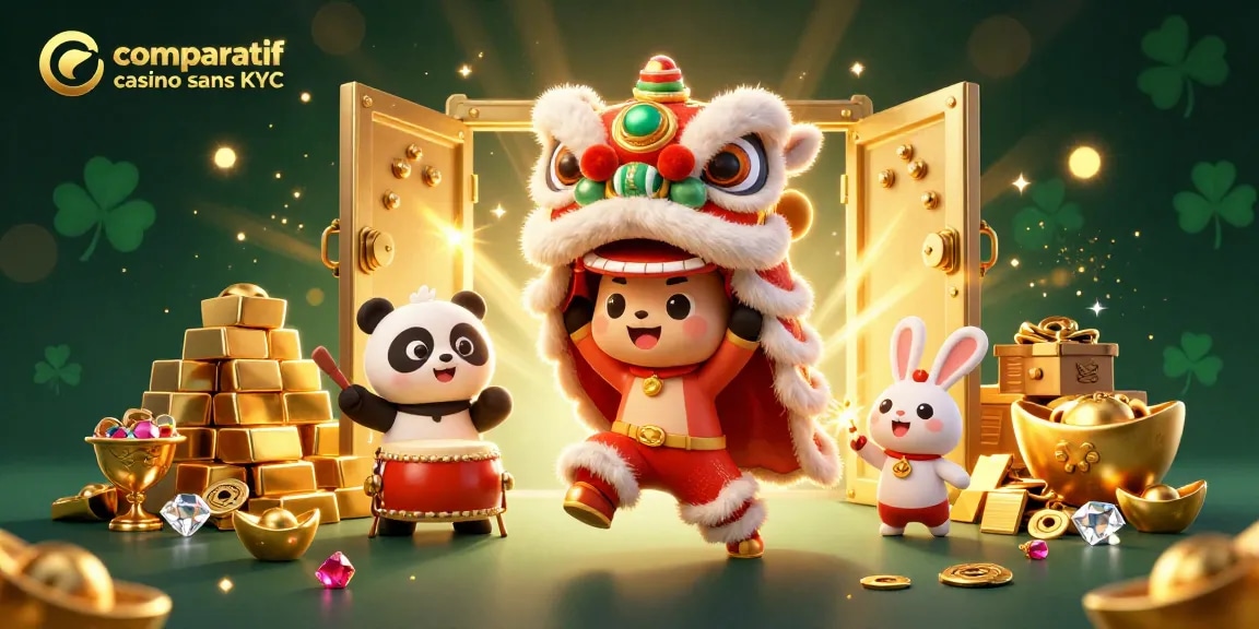 Comparatif casino sans KYC : illustration festive avec des personnages dansants entourés d'éléments de jeu